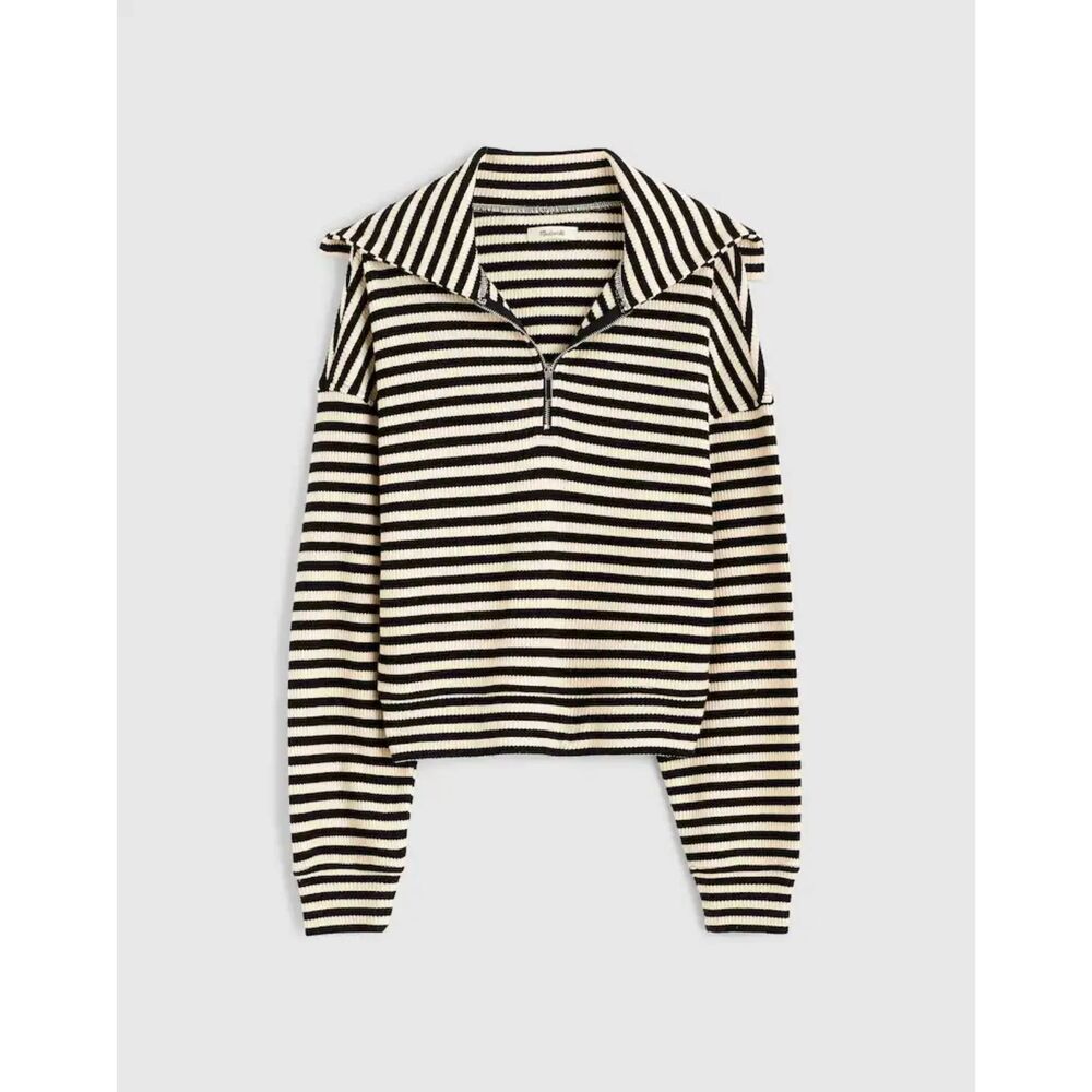Madewell Ribbed Quarter Zip Striped Cropped Knit Sweater Black Cream Size Small
